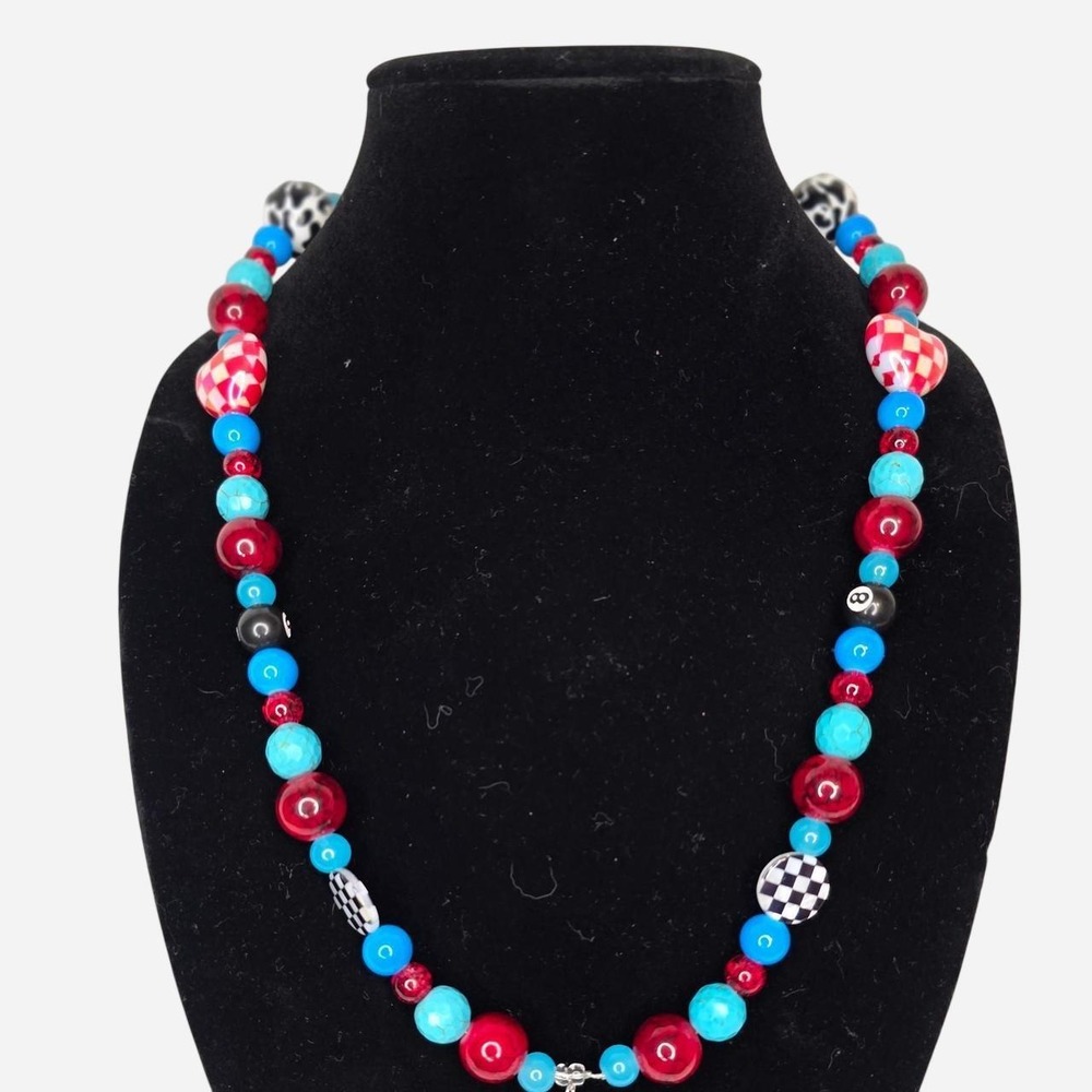 Handmade Red Blue Black Beaded Checker Necklace